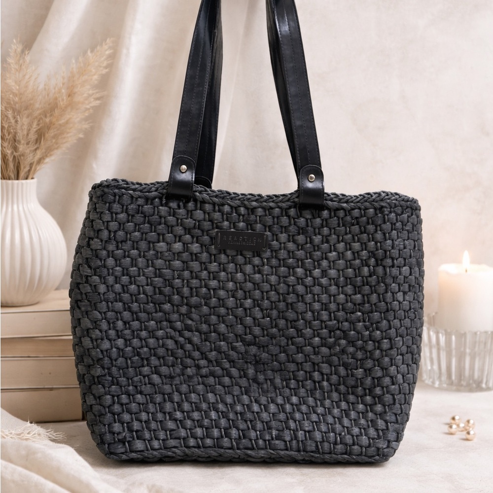 Kenneth Cole Black Woven Tote with Leather Handles